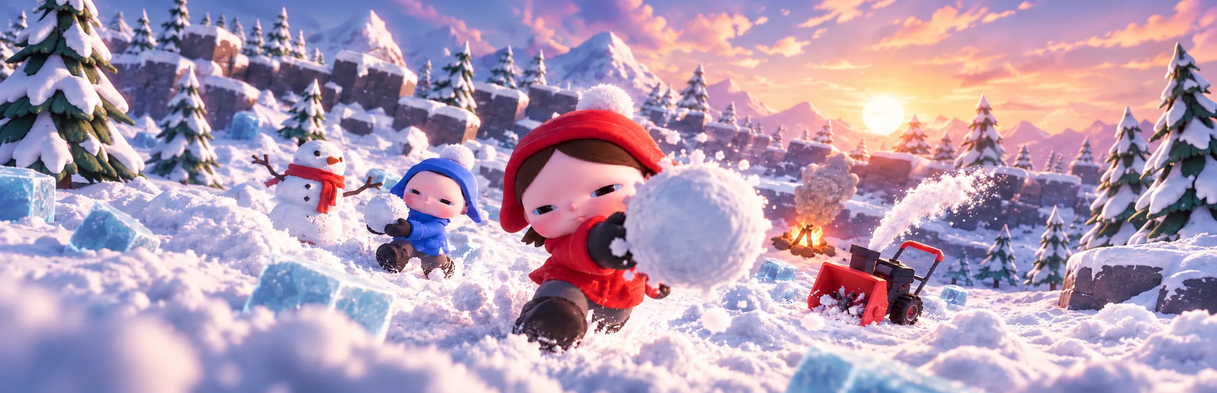Kids throw snowballs and build a snowman in a snowy valley at sunset, a campfire burning behind them