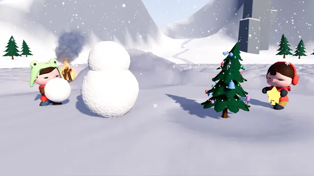 A kid rolls a giant snowball towards a half-built snowman