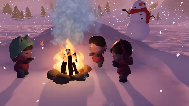 Four kids warm their hands around a campfire at dusk