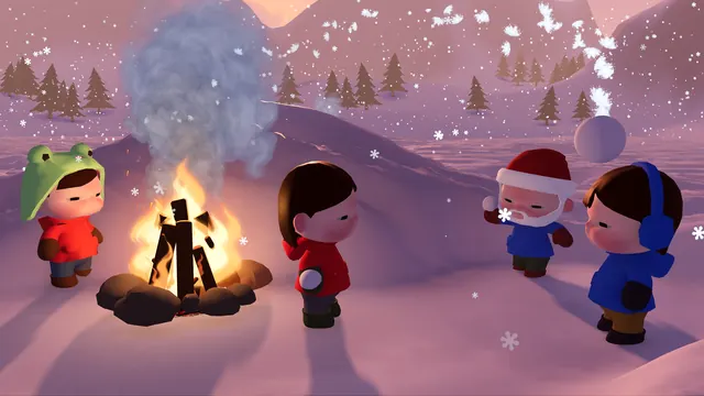 A snowball flies past the campfire at sunset