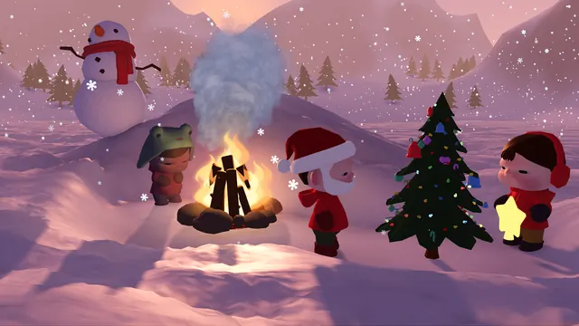 A decorated Christmas tree and a snowman by the campfire at dusk