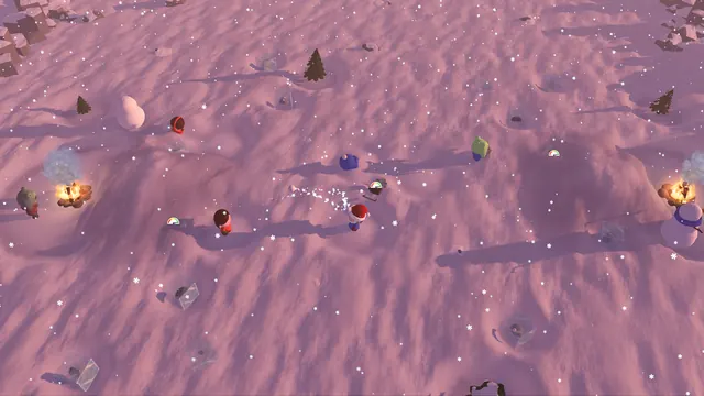 Both campfires at the ends of a snowfield covered in drifts and trenches