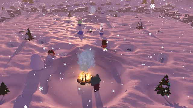 The whole snowfield from above, with a campfire and a Christmas tree