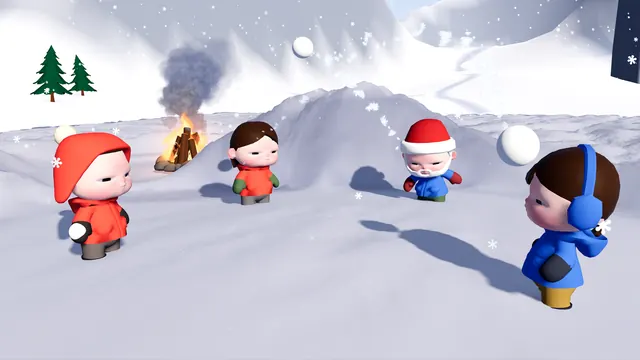 Two teams of kids throw snowballs across a snow wall